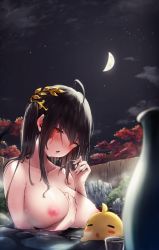 Rule 34 | 1girl, absurdres, ahoge, amamami prime, azur lane, bathing, black hair, blurry, blurry foreground, blush, breasts, cleavage, collarbone, cup, hair between eyes, hair ornament, highres, holding, holding cup, long hair, looking at viewer, manjuu (azur lane), night, night sky, nipples, nude, one side up, onsen, open mouth, outdoors, partially submerged, red eyes, saliva, saliva trail, sitting, sky, steam, taihou (azur lane), taihou (forbidden feast) (azur lane), tongue, tongue out, towel, wet