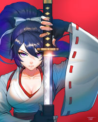 Rule 34 | 1girl, black gloves, bow, breasts, cleavage, closed mouth, fingerless gloves, fingernails, gloves, hair bow, highres, holding, holding sword, holding weapon, japanese clothes, katana, kimono, large breasts, lips, long hair, long sleeves, looking at viewer, medium breasts, original, ponytail, purple eyes, purple hair, red background, sheath, simple background, solo, sword, tanwq, unsheathing, weapon, white kimono