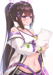 Rule 34 | 1girl, absurdres, blue archive, blush, breasts, brown hair, choker, closed mouth, clothes pull, collarbone, commentary, green choker, hair ornament, hair scrunchie, hairclip, halo, highres, holding, holding toy, jacket, jacket pull, long hair, long sleeves, looking at viewer, muteppona hito, navel, open clothes, open jacket, ponytail, purple eyes, scrunchie, sidelocks, smile, solo, sports bra, stomach, sumire (blue archive), toy, upper body, very long hair, white background, white jacket, white sports bra