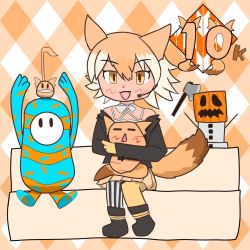 Rule 34 | coyopotato, coyote (kemono friends), wolf ears, wolf tail, fall guys, highres, kemono friends, kemono friends v project, microphone, parody, short hair, virtual youtuber