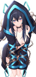 Rule 34 | 1girl, 7saki, absurdres, bikini, black bikini, black hair, blue eyes, blue hair, blush, breasts, chain, choker, closed mouth, collarbone, commission, film grain, highres, kuroto sanaya, large breasts, leaning forward, long hair, looking at viewer, multicolored hair, original, pixiv commission, short shorts, shorts, simple background, sleeves past fingers, sleeves past wrists, smile, solo, swimsuit, two-tone hair, virtual youtuber, white background