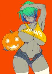 Rule 34 | 1girl, arm over head, armpits, beige eyes, blue hair, breasts, collarbone, commentary, covered erect nipples, crop top, dark-skinned female, dark skin, denim, denim shorts, earrings, gradient hair, green hair, hair over one eye, halloween, jack-o&#039;-lantern, jewelry, large breasts, micro shorts, mikoyan, mole, mole under mouth, multicolored hair, navel, neck, open clothes, open shorts, orange background, orange panties, original, pale eye, pale skin, panties, parted lips, pink lips, pumpkin, short hair, shorts, simple background, solo, standing, stomach, thighhighs, thighs, torn clothes, torn shorts, underboob, underwear, white thighhighs, wide hips, zombie
