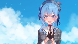 Rule 34 | beret, black gloves, blue bow, blue choker, blue eyes, blue hair, blue sky, blush, bow, choker, clapping, cloud, cloudy sky, collared shirt, crown, gloves, grey hat, grey jacket, hair between eyes, hair bow, hands up, hat, highres, hololive, hoshimachi suisei, hoshimachi suisei (1st costume), jacket, long sleeves, looking at viewer, meme, mini crown, neon genesis evangelion, omedetou! (meme), parody, partially fingerless gloves, plaid, plaid headwear, plaid jacket, shirt, side ponytail, sky, solo, striped, striped bow, upper body, virtual youtuber, white shirt, yoshiheihe