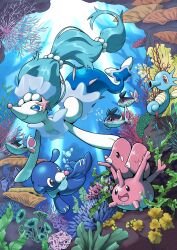 Rule 34 | absurdres, air bubble, blue eyes, bubble, closed eyes, closed mouth, colored eyelashes, commentary request, coral, corsola, creatures (company), finneon, fish, game freak, gen 1 pokemon, gen 2 pokemon, gen 3 pokemon, gen 4 pokemon, gen 7 pokemon, highres, horsea, luvdisc, nintendo, pokemon, pokemon (creature), popplio, primarina, q-chan, red eyes, seahorse, seaweed, smile, u u, underwater