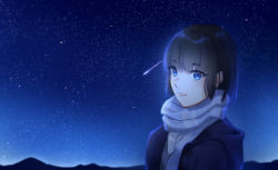 Rule 34 | 1girl, absurdres, black coat, black hair, blue eyes, closed mouth, coat, falling star, highres, missholmes, night, night sky, open clothes, open coat, original, scarf, short hair, sky, solo, star (sky), starry sky, upper body