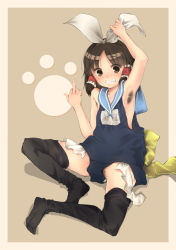 Rule 34 | 1girl, alternate costume, arm up, armpit hair, armpits, bad id, bad pixiv id, beige border, benikurage (cookie), black thighhighs, blue one-piece swimsuit, blush, bow, breasts, brown background, brown eyes, brown hair, censored, censored gesture, censored text, commentary request, cookie (touhou), female pubic hair, frilled hair tubes, frills, full body, grin, hair bow, hair tubes, hakurei reimu, highres, indian style, looking at viewer, medium hair, meji aniki, middle finger, mosaic censoring, one-piece swimsuit, oversized clothes, parted bangs, paw print, pubic hair, pubic hair peek, sailor collar, school swimsuit, sitting, small breasts, smile, solo, swimsuit, thighhighs, touhou, white bow
