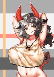 Rule 34 | 12cat, 1girl, animal ears, armpits, arms behind head, arms up, black hair, bottomless, breasts, collarbone, commentary request, cow ears, cow tail, grey hair, groin, horns, large breasts, licking lips, lips, looking at viewer, medium hair, multicolored hair, navel, nipples, no bra, oni, oni horns, orange eyes, red horns, see-through, solo, split-color hair, tail, tank top, tongue, tongue out, touhou, two-tone hair, upper body, ushizaki urumi, wily beast and weakest creature, yellow tank top