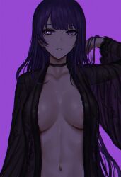 Rule 34 | 1girl, areola slip, black choker, breasts, chinese commentary, choker, collarbone, commentary request, genshin impact, hand in own hair, highres, large breasts, long hair, long sleeves, looking at viewer, navel, open clothes, parted lips, purple background, purple eyes, purple hair, raiden shogun, selcky, smile, solo