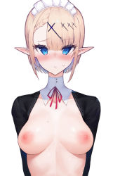 Rule 34 | 1girl, :&lt;, absurdres, asymmetrical bangs, blonde hair, blue hair, blush, breasts, breasts apart, closed mouth, collarbone, colored inner hair, commentary request, detached sleeves, elf, hair ornament, highres, looking at viewer, maid, maid headdress, medium breasts, multicolored hair, nai (daiduolaoge), neck ribbon, nipples, nude, original, pointy ears, red ribbon, ribbon, short hair, simple background, sweat, two-tone hair, upper body, white background