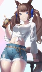 Rule 34 | 1girl, absurdres, animal ears, blue bow, blue eyes, blue ribbon, bow, bracelet, breasts, brown hair, collarbone, commentary request, cowboy shot, cup, cutoffs, denim, denim shorts, disposable cup, ear bow, ear ornament, ear piercing, gold belt, grin, groin, hand on railing, highres, holding, holding cup, horse ears, horse girl, horse tail, jewelry, long hair, long sleeves, looking at viewer, medium breasts, midriff, multicolored nails, navel, off shoulder, partial commentary, piercing, ribbon, saikuu, shirt, short shorts, shorts, sidelocks, single bare shoulder, smile, solo, standing, tail, teeth, tied shirt, torn clothes, torn shorts, tosen jordan (umamusume), twintails, umamusume, white shirt
