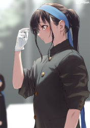 Rule 34 | 2girls, black hair, black jacket, blue hairband, blurry, blurry background, blush, brown eyes, closed mouth, commentary request, depth of field, from side, gakuran, gloves, hairband, hand up, jacket, jonsun, long hair, looking away, multiple girls, original, ouendan, ponytail, profile, school uniform, solo focus, twitter username, white gloves