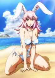 Rule 34 | 10s, 1girl, all fours, animal ears, arm support, barefoot, beach, breasts, collarbone, covered erect nipples, day, full body, highres, inaba ui, killing bites, large breasts, long hair, looking at viewer, o-ring, o-ring swimsuit, ocean, official art, open mouth, outdoors, pink hair, polka dot, polka dot swimsuit, rabbit ears, red eyes, solo, swimsuit, teeth, upper teeth only, watanabe kazuo, water, wet