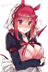 Rule 34 | 1girl, apron, between breasts, black jacket, blush, bow, bow bra, bra, breast hold, breasts, breasts out, buckle, cleavage, demon tail, hair ribbon, hairband, head scarf, heart, horns, ikeuchi tanuma, jacket, large breasts, long sleeves, looking at viewer, maid, nervous smile, no nose, nose blush, open clothes, open jacket, original, parted lips, pink bra, popped collar, red eyes, red hair, ribbon, short hair, simple background, smile, solo, sweatdrop, tail, twitter username, underwear, upper body, veil, waist apron, white background