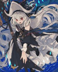 Rule 34 | 1girl, absurdres, arknights, black dress, black footwear, black pantyhose, blue background, blush, bright pupils, clothing cutout, commentary request, dress, grey hair, highres, holding, holding weapon, layered skirt, leaning forward, leg up, long hair, long sleeves, open mouth, pantyhose, pointy hat, red eyes, remu (kudarizaka 25), shoulder cutout, simple background, skirt, solo, specter (arknights), specter the unchained (arknights), teeth, tongue, upper teeth only, very long hair, weapon, white pupils