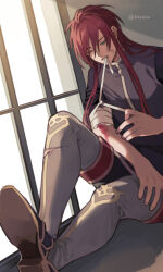 1boy asch_(tales) bandaged_arm bandages black_shirt blood blood_on_arm green_eyes long_hair male_focus meiji_(pecosyr5) red_hair shirt sitting solo tales_of_(series) tales_of_the_abyss twitter_username