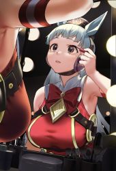 Rule 34 | 1girl, animal ears, applying makeup, arm at side, arm strap, armpits, bare shoulders, black eyes, blunt bangs, bow, bowtie, breasts, brown headwear, commentary request, cosmetics, dutch angle, ear covers, gold ship (umamusume), hand up, highres, holding, horse ears, horse girl, indoors, kitou sakeru, large breasts, light blush, long hair, looking at mirror, makeup brush, mascara wand, mirror, o-ring, parted lips, pillbox hat, red bow, red bowtie, red shirt, reflection, shirt, silver hair, sleeveless, sleeveless shirt, solo, umamusume, upper body
