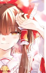 Rule 34 | 1girl, arm up, blunt bangs, blurry, blurry foreground, blush, bow, brown hair, commentary, detached sleeves, frilled bow, frilled hair tubes, frilled shirt collar, frills, hair bow, hair tubes, hakurei reimu, half-closed eye, hand on own head, highres, light smile, long hair, out of frame, poprication, portrait, red bow, red ribbon, ribbon, solo, symbol-only commentary, tears, touhou, yellow eyes, yellow neckwear
