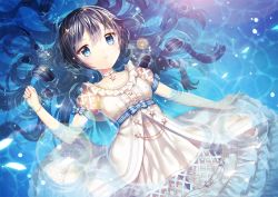 Rule 34 | 1girl, afloat, black hair, blue eyes, bow, breasts, choker, collar, dress, frilled dress, frills, gradient background, hair ornament, jewelry, lens flare, long hair, looking at viewer, original, partially submerged, saban, short sleeves, smile, solo, star (symbol), water