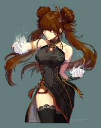 Rule 34 | 00s, 1girl, blush, breasts, brown hair, china dress, chinese clothes, dnf, double bun, dress, dungeon and fighter, gloves, highres, long hair, nenmaster, red eyes, solo, thighhighs, twintails