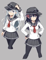 Rule 34 | 10s, 2girls, 501092-taka, :t, akatsuki (kancolle), anger vein, black hair, black legwear, blue eyes, cropped legs, grey background, hair over one eye, hands on own hips, hat, hibiki (kancolle), highres, kantai collection, looking at viewer, multiple girls, neckerchief, open mouth, pantyhose, pleated skirt, pout, red neckerchief, school uniform, serafuku, silver hair, simple background, skirt