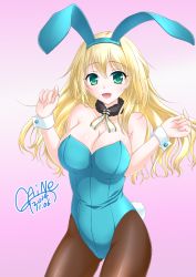 Rule 34 | 10s, 1girl, adapted costume, animal ears, ascot, atago (kancolle), bare shoulders, blonde hair, breasts, cleavage, fake animal ears, gaine (artist), green eyes, highres, kantai collection, large breasts, long hair, pantyhose, playboy bunny, rabbit ears, rabbit tail, tail, wrist cuffs