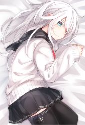 Rule 34 | 10s, 1girl, blue eyes, colored eyelashes, hibiki (kancolle), highres, kantai collection, long hair, lying, otokuyou, school uniform, silver hair, skirt, sleeves past wrists, solo, sweater, thighhighs, colored eyelashes