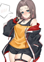 Rule 34 | 1girl, aqua eyes, bangs pinned back, black gloves, black jacket, black shorts, black sports bra, blush, breasts, brown hair, closed mouth, commentary request, cowboy shot, dog tags, erubusubori, gloves, highres, hololive, jacket, long sleeves, looking at viewer, medium hair, natsuiro matsuri, natsuiro matsuri (gaming casual), nose blush, off-shoulder sweater, off shoulder, official alternate costume, orange sweater, partially fingerless gloves, puffy long sleeves, puffy sleeves, shorts, simple background, small breasts, solo, speech bubble, spoken blush, sports bra, sweater, thigh strap, variant set, virtual youtuber, white background