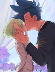 Rule 34 | 2boys, aus vaka, black gloves, black suit, blue hair, closed eyes, couple, cowboy shot, curtains, earrings, flower, formal, from side, galo thymos, gloves, green hair, hand on another&#039;s arm, hand on another&#039;s face, height difference, highres, husband and husband, jewelry, kiss, lio fotia, male focus, mohawk, multiple boys, muscular, muscular male, profile, promare, purple flower, purple rose, rose, short hair, short hair with long locks, sidelocks, single earring, size difference, skinny, spiked hair, suit, triangle earrings, tuxedo, wedding, white suit, yaoi