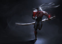 Rule 34 | 1boy, armor, backlighting, black hair, blackwatch genji, bodysuit, cyborg, dark background, dust, genji (overwatch), glowing, glowing eye, grey background, highres, holding, holding sword, holding weapon, katana, light particles, looking at viewer, male focus, mask, muscular, overwatch, overwatch 1, peng nanfeng, red eyes, running, scar, solo, spiked hair, sword, upper body, weapon
