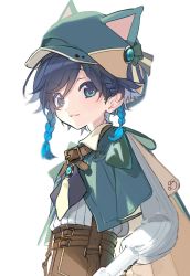 Rule 34 | 1boy, alternate costume, animal hat, black hair, blue eyes, blue hair, braid, cape, cat hat, collared cape, commentary request, genshin impact, gradient hair, green cape, green hat, hat, highres, juliet sleeves, long sleeves, looking at viewer, male focus, moai on, multicolored hair, puffy sleeves, shirt, short hair with long locks, side braids, twin braids, venti (genshin impact), white shirt