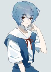 Rule 34 | 1girl, ayanami rei, blue hair, blue skirt, collarbone, commentary request, grey background, highres, jun (nad-j), looking at viewer, neon genesis evangelion, red eyes, red ribbon, ribbon, school uniform, shirt, short hair, short sleeves, simple background, skirt, solo, tokyo-3 middle school uniform, upper body, white shirt
