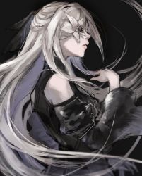 Rule 34 | 1girl, bare shoulders, black bow, black dress, bow, closed eyes, detached sleeves, drag-on dragoon, drag-on dragoon 3, dress, floating hair, flower, flower over eye, grey hair, hair bow, hand up, highres, long hair, long sleeves, momota ro5555, nier (series), nier reincarnation, official alternate costume, parted lips, solo, zero (drag-on dragoon)