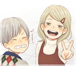 Rule 34 | 1boy, 1girl, blonde hair, brother and sister, closed mouth, commentary request, embarrassed, green eyes, grey hair, haiba arisa, haiba lev, haikyuu!!, hair ornament, hairclip, happy, laugh 111, long sleeves, looking at viewer, siblings, sweater, teeth, v, aged down
