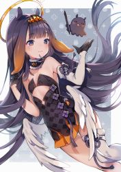 Rule 34 | 1girl, bare shoulders, barefoot, black gloves, blunt bangs, commentary, dress, feathered wings, fur-trimmed collar, fur trim, gloves, halo, highres, hololive, hololive english, long hair, low wings, mole, mole under eye, ninomae ina&#039;nis, ninomae ina&#039;nis (1st costume), pointy ears, purple hair, single thighhigh, solo, takodachi (ninomae ina&#039;nis), tentacles, thighhighs, very long hair, virtual youtuber, wings, yennineii