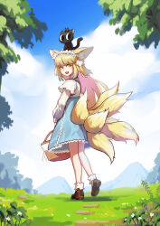 Rule 34 | absurdres, animal ear fluff, animal ears, ankle socks, arknights, artist name, basket, black cat, blonde hair, blue hairband, blue skirt, bobby socks, brown footwear, cardigan, cat, chinese commentary, commentary, fox ears, fox girl, fox tail, frilled hairband, frills, green eyes, hair ornament, hair scrunchie, hairband, heixiu, highres, holding, holding basket, kitsune, kyuubi, long hair, long sleeves, looking back, luo xiaohei, multicolored hair, multiple tails, neck ribbon, official alternate costume, on head, open mouth, outdoors, puffy long sleeves, puffy sleeves, red ribbon, ribbon, scrunchie, shoes, skirt, socks, spring (season), stitches, suzuran (arknights), suzuran (spring praise) (arknights), tail, luo xiaohei zhanji, two-tone hair, white cardigan, white hair, white socks, zhuliang1984