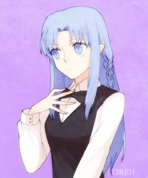 Rule 34 | 1girl, artist name, bad id, bad pixiv id, black bow, black bowtie, blue eyes, blue hair, bow, bowtie, dress shirt, fate/stay night, fate (series), long hair, long sleeves, medea (fate), oreh-stl, pointy ears, purple background, shirt, simple background, solo, very long hair, white shirt