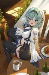 Rule 34 | 1girl, :d, absurdres, asymmetrical hair, black gloves, blue hair, blush, bodysuit, bottle, breasts, brown eyes, chair, coffee mug, cup, curtains, eula (genshin impact), food, fork, from side, genshin impact, gloves, goback, hair ornament, hairband, highres, knife, large breasts, light blue hair, long sleeves, looking at viewer, looking to the side, looking up, medium hair, mug, on table, open mouth, plate, shadow, sitting, skindentation, smile, solo, sunlight, table, thigh strap, thighhighs, utensil