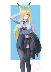 Rule 34 | 1girl, 1other, absurdres, animal ear fluff, animal ears, armband, black bra, blonde hair, blue archive, blue eyes, blue necktie, blue shirt, blush, bra, breasts, cleavage, dog ears, doodle sensei (blue archive), erorange, extra ears, hair over one eye, halo, highres, jacket, kanna (blue archive), large breasts, long hair, necktie, open clothes, open shirt, police, police uniform, policewoman, sensei (blue archive), sharp teeth, shirt, solo, teeth, tongue, tongue out, underwear, uniform, unworn jacket