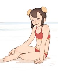 Rule 34 | 1girl, :d, absurdres, avatar legends, bare arms, bare legs, barefoot, bikini, blush, brown hair, commission, copyright request, flat chest, grey eyes, highres, ikki (the legend of korra), looking at viewer, luimiart, navel, open mouth, red bikini, short hair, sidelocks, sitting, smile, solo, swimsuit, the legend of korra, yokozuwari
