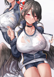 Rule 34 | 1girl, black hair, black wings, blue archive, blue jacket, blush, breasts, clipboard, feathered wings, grey background, gym shirt, gym uniform, hair between eyes, halo, hasumi (blue archive), hasumi (track) (blue archive), high ponytail, highres, himuro shunsuke, holding, holding clipboard, holding pen, huge breasts, jacket, long hair, long sleeves, looking at viewer, low wings, mole, mole under eye, multiple views, official alternate costume, parted lips, pen, ponytail, red eyes, shirt, thighs, very long hair, white shirt, wings