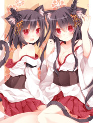 Rule 34 | 10s, 2girls, animal ears, ass, bare shoulders, black hair, blush, breasts, cat ears, cat tail, cleavage, collarbone, fang, fusou (kancolle), hair ornament, highres, kantai collection, kemonomimi mode, large breasts, long sleeves, looking at viewer, looking back, mogu (au1127), multiple girls, no panties, nontraditional miko, off shoulder, open mouth, personification, red eyes, sash, shirt, sitting, skirt, tail, yamashiro (kancolle)