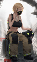 Rule 34 | 1girl, absurdres, artist name, axe, bare shoulders, black footwear, black sports bra, blonde hair, boots, breasts, brown pants, building, city, cleavage, collarbone, commentary, dirty, dirty clothes, dirty face, english commentary, fire axe, fire helmet, fire truck, firefighter, full body, gas mask, hair behind ear, unworn headwear, helmet, unworn helmet, highres, holding, holding towel, large breasts, looking to the side, mask, midriff, motor vehicle, navel, no jacket, original, outdoors, oxygen tank, pants, pigone, roadblock, rubble, ruins, short hair, sidelocks, sitting, skyscraper, smoke, solo, sports bra, towel, towel around neck, truck, yellow eyes