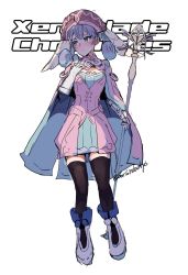 Rule 34 | 1girl, blue eyes, blush, boris (noborhys), braid, breasts, cape, crown braid, curly hair, dress, full body, gloves, hat, head wings, highres, juliet sleeves, long hair, long sleeves, looking at viewer, medium breasts, melia antiqua, o-ring, puffy sleeves, short dress, silver hair, simple background, smile, solo, staff, thighhighs, wings, xenoblade chronicles (series), xenoblade chronicles 1