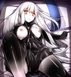 Rule 34 | 10s, 1girl, abyssal ship, aircraft carrier oni, black dress, blush, breasts, breasts out, colored skin, dress, female focus, fuuki (nicoseiga), fuuki (te fuukin), highres, kantai collection, large breasts, long hair, looking at viewer, lying, nipples, on back, orange eyes, pantyhose, pillow, sailor dress, short dress, smile, solo, very long hair, white hair, white skin
