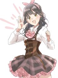 Rule 34 | 1girl, :d, assault lily, belt, belt buckle, black hair, bow, bow hairband, brown belt, brown skirt, buckle, clenched hand, collared shirt, commentary request, corset, cowboy shot, frilled skirt, frills, hair bow, hairband, hands up, highres, light blush, long hair, long sleeves, looking at viewer, ludvico private girls&#039; academy school uniform, miniskirt, multiple belts, nagase marta nonoka, open hand, open mouth, pink bow, pink hairband, school uniform, shakeza, shirt, simple background, skirt, smile, solo, standing, suspenders, underbust, white background, white shirt, yellow eyes, zipper pull tab