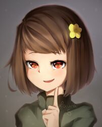 Rule 34 | 1other, absurdres, artist name, blush, brown hair, buttercup (flower), chara (undertale), flower, green sweater, grey background, hair flower, hair ornament, hand on own face, hand up, highres, index finger raised, long sleeves, looking at viewer, open mouth, puffy long sleeves, puffy sleeves, red eyes, sasoura, short hair, simple background, smile, solo, sweater, undertale, upper body, yellow flower