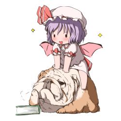 Rule 34 | 1girl, :d, bat wings, blush, book, chibi, dog, female focus, hand on own face, hat, hat ribbon, open mouth, purple hair, remilia scarlet, ribbon, sitting, smile, solid oval eyes, solo, sparkle, touhou, uboaa (uhhohho), wings