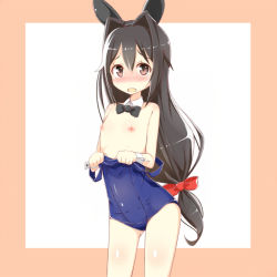 Rule 34 | 1girl, animal ears, black hair, blush, breasts, brown eyes, clothes pull, contrapposto, cowboy shot, cuffs, detached collar, flat chest, hair intakes, long hair, low-tied long hair, nipples, old school swimsuit, one-piece swimsuit, one-piece swimsuit pull, open mouth, original, outside border, playboy bunny swimsuit, q (a72pgc), rabbit ears, ribbon, school swimsuit, small breasts, solo, standing, swimsuit, undressing, wrist cuffs