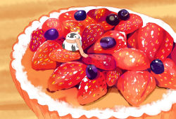 Rule 34 | 1other, bird, blueberry, chai (drawingchisanne), commentary request, food, food focus, fruit, fruit tart, highres, looking at viewer, no humans, original, penguin, scarf, sitting, sitting on food, strawberry, strawberry tart, tart (food)