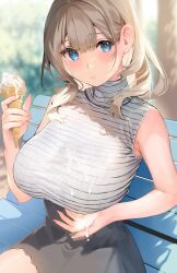 Rule 34 | 1girl, bare arms, bench, black skirt, blonde hair, blue eyes, blurry, blurry background, blush, breasts, closed mouth, food, food on body, food on breasts, hair behind ear, hair over shoulder, hand up, head tilt, high-waist skirt, holding, holding food, holding ice cream, ice cream, ice cream cone, inushima, large breasts, long hair, looking at viewer, miniskirt, original, outdoors, park bench, shirt, sitting, skirt, sleeveless, sleeveless turtleneck, solo, striped clothes, striped shirt, taut clothes, taut shirt, turtleneck